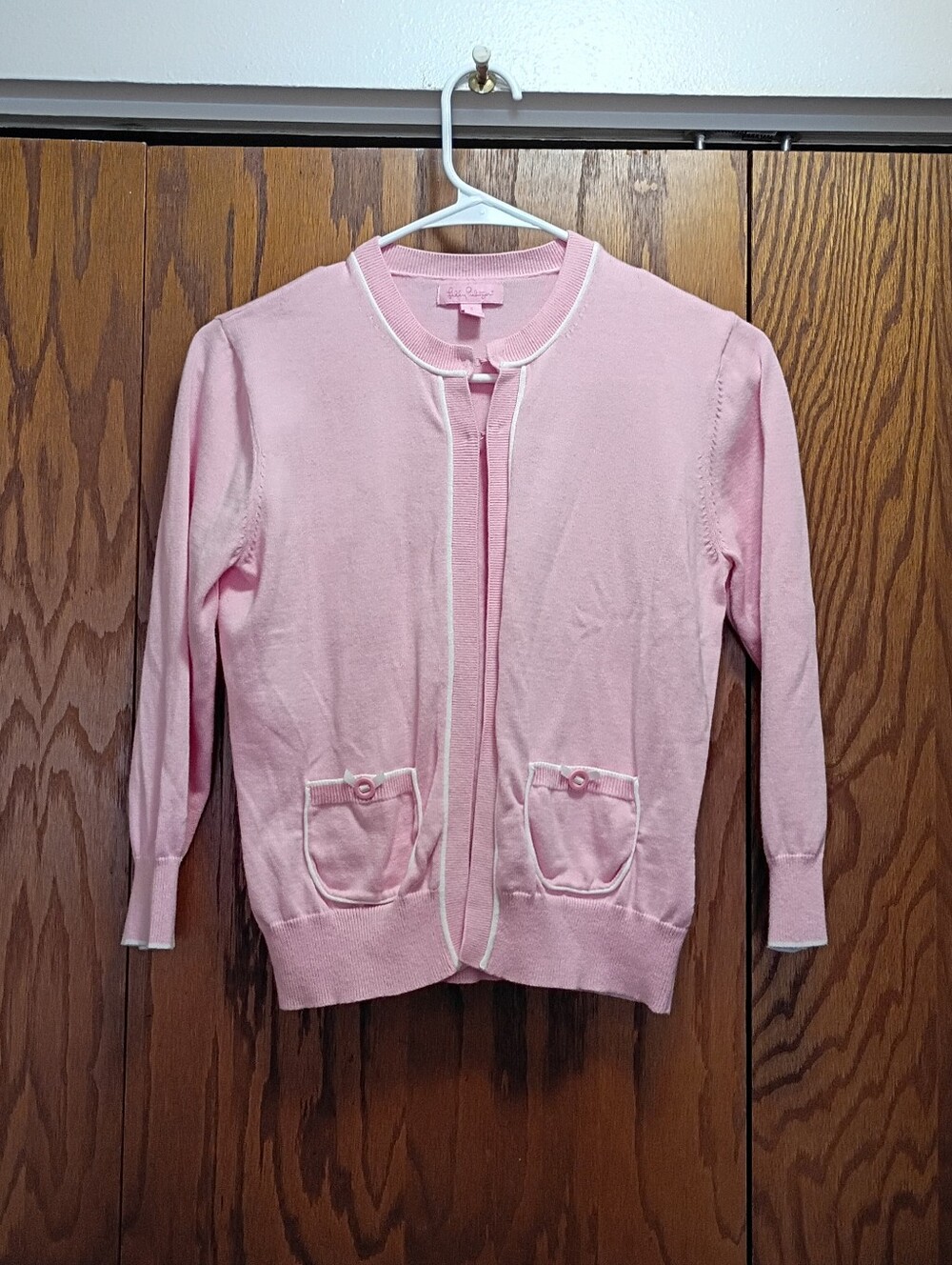 Lilly Pulitzer Pink Cardigan with White Trim and Front Pockets